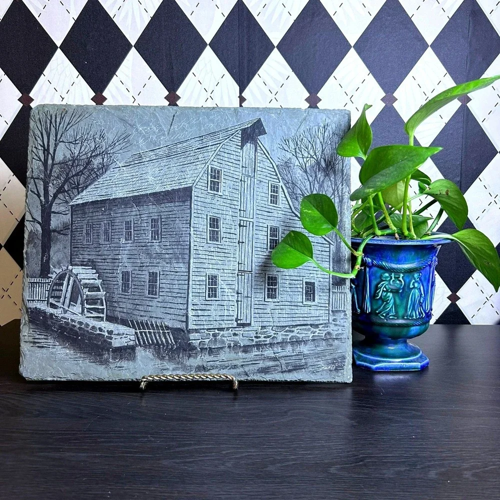 Historic Slate Rock Art The Saddle Rock Grist Mill Etched Colonial Landmark 14